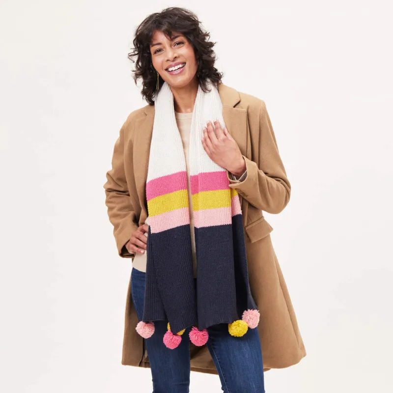 Piccadilly Stripe Navy Pink Knit Pom Pom Scarf sold by rockflowerpaper