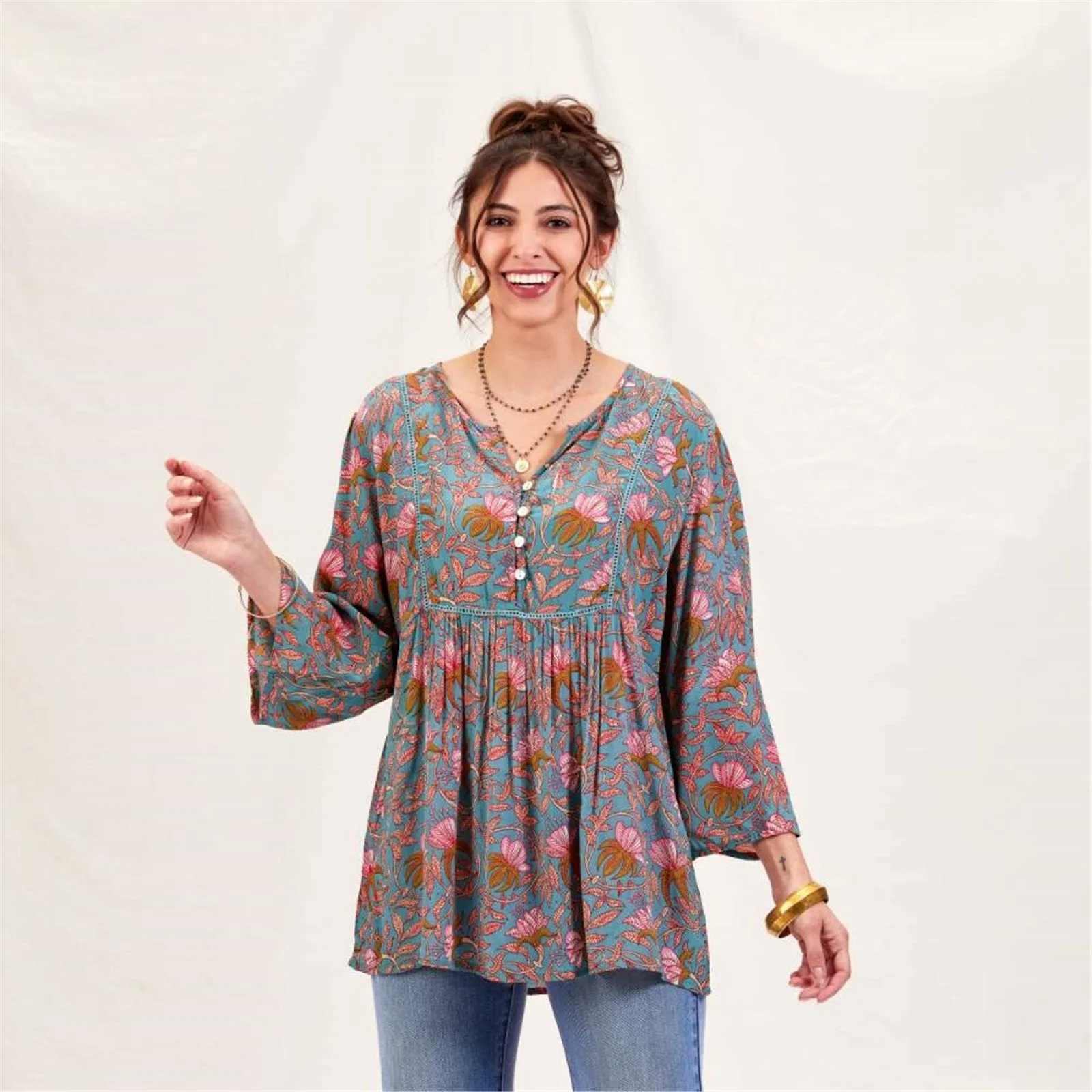 Aqua Pink Bohemian Floral Tunic sold by rockflowerpaper