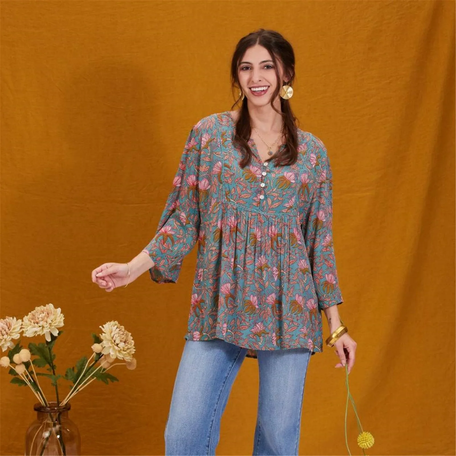 Aqua Pink Bohemian Floral Tunic sold by rockflowerpaper product image thumbnail 2