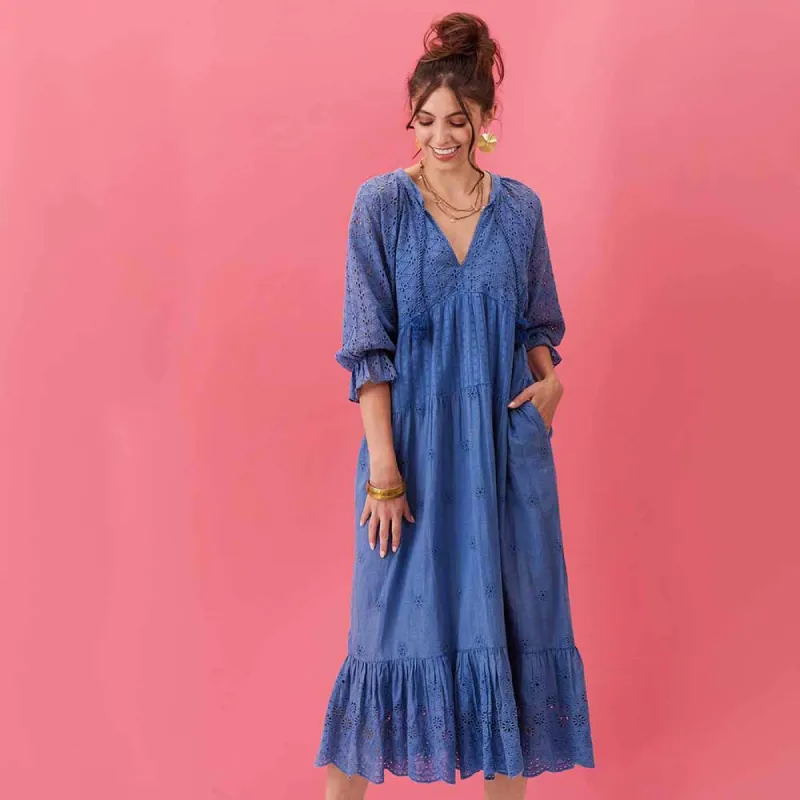 Blue Eyelet Long Tiered Dress sold by rockflowerpaper