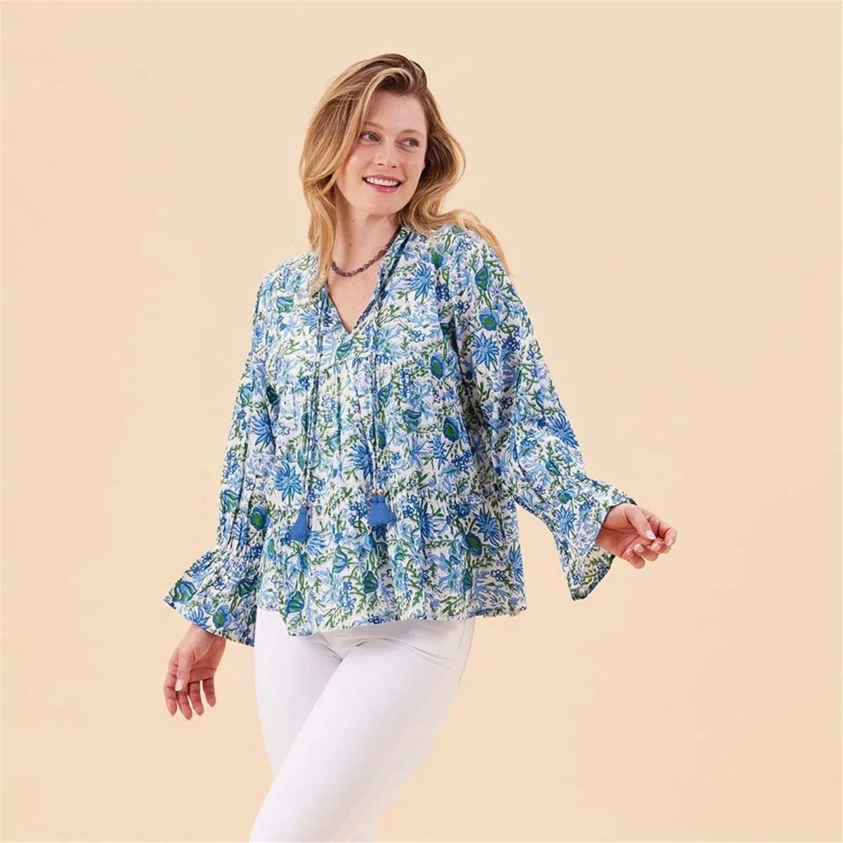 Gabrielle Blue Green Cotton Blouse sold by rockflowerpaper