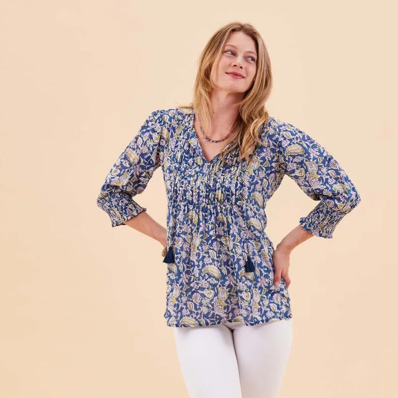 Ophelia Blue Cotton Pintuck Top sold by rockflowerpaper