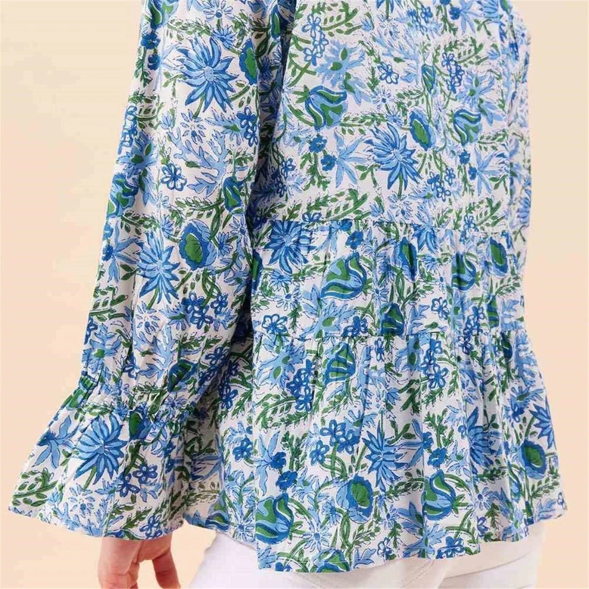 Gabrielle Blue Green Cotton Blouse with Ruffle Sleeves sold by rockflowerpaper product image thumbnail 4