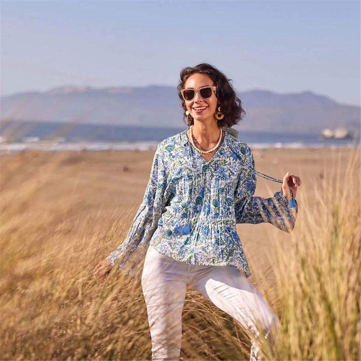 Gabrielle Blue Green Cotton Blouse with Ruffle Sleeves sold by rockflowerpaper product image thumbnail 2