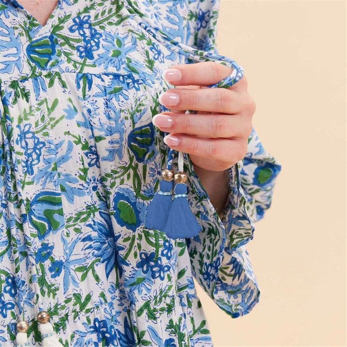 Gabrielle Blue Green Cotton Blouse with Ruffle Sleeves sold by rockflowerpaper product image thumbnail 3