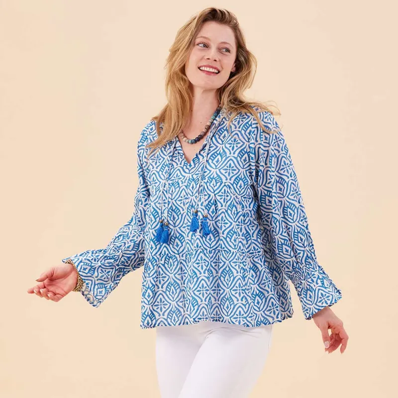 Adde Blue Cotton Blouse with Ruffle Sleeves sold by rockflowerpaper