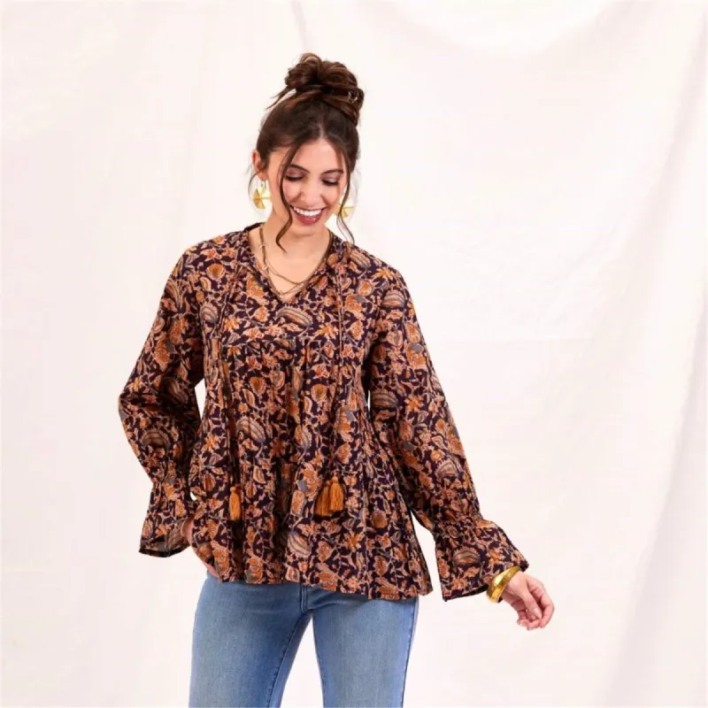 Black Spice Madine Cotton Blouse with Ruffle Sleeves sold by rockflowerpaper