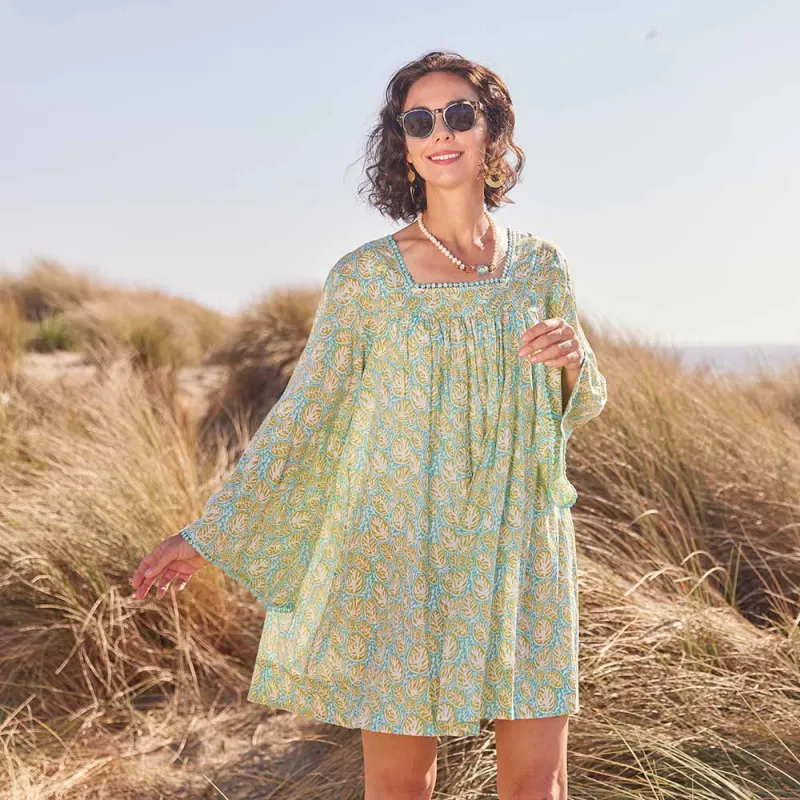 Coral Garden Ocean Cotton Dress with Bell Sleeve sold by rockflowerpaper