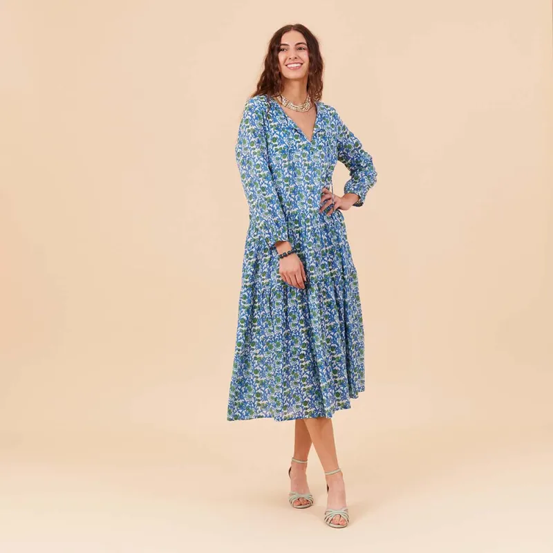 Isabella Blue Long Tiered Cotton Dress sold by rockflowerpaper