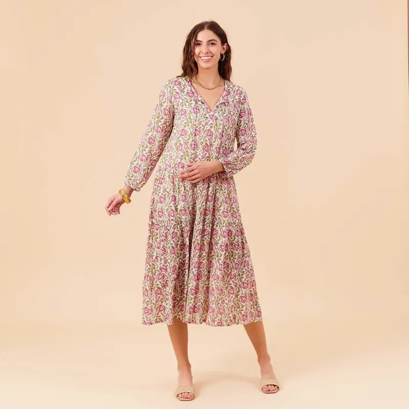 Scarlet Pink Long Tiered Cotton Dress sold by rockflowerpaper