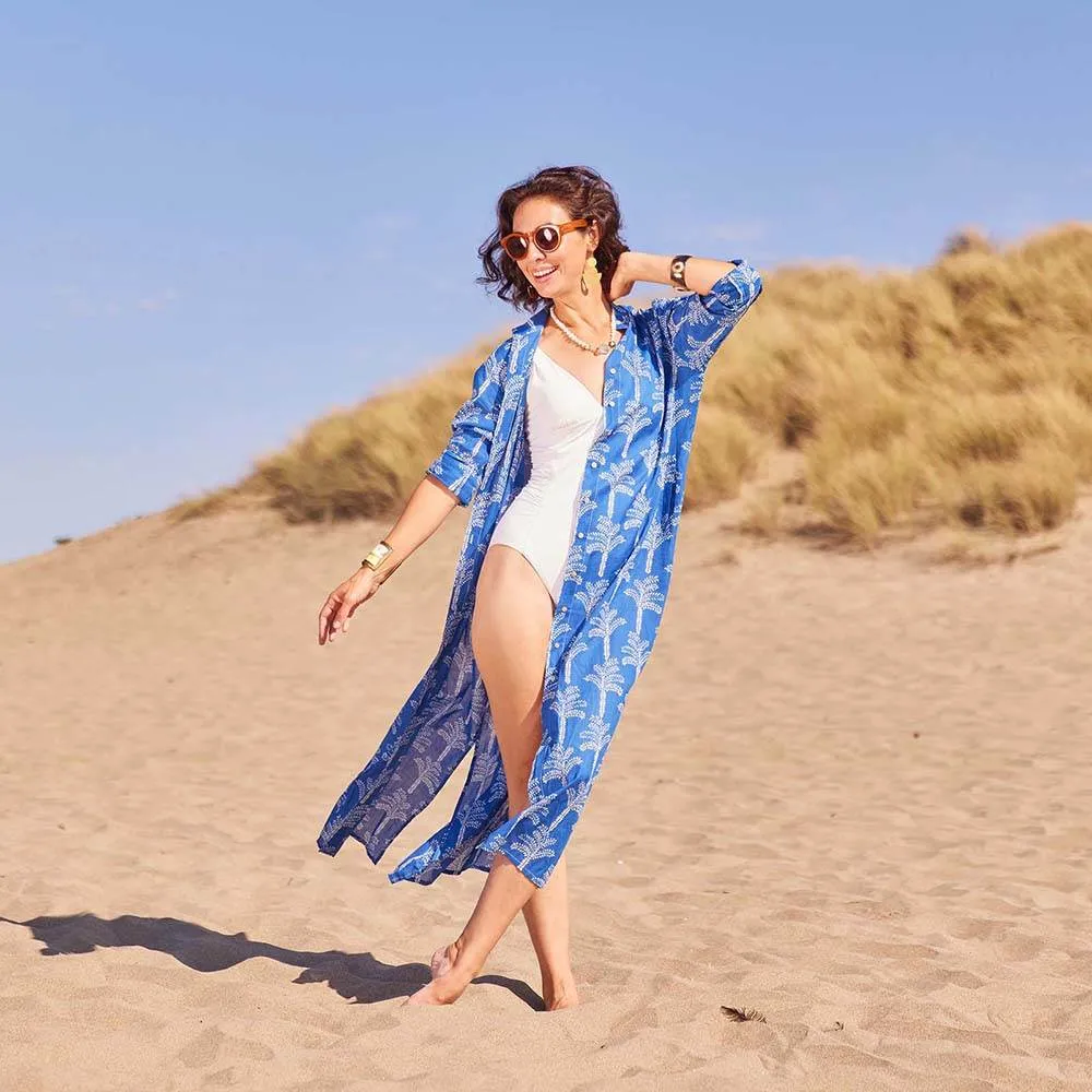 Palms Blue Cotton Long Shirt Dress sold by rockflowerpaper product image thumbnail 2