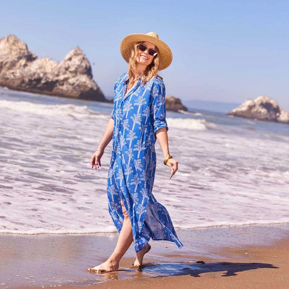 Palms Blue Cotton Long Shirt Dress sold by rockflowerpaper product image thumbnail 3