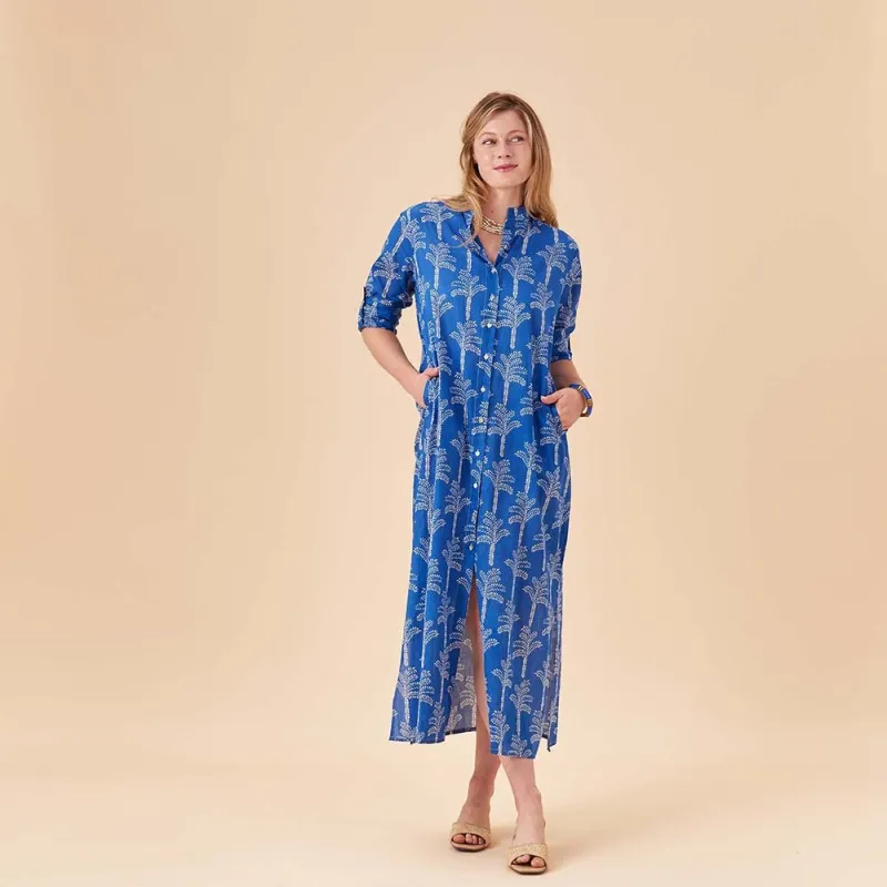 Palms Blue Cotton Long Shirt Dress sold by rockflowerpaper