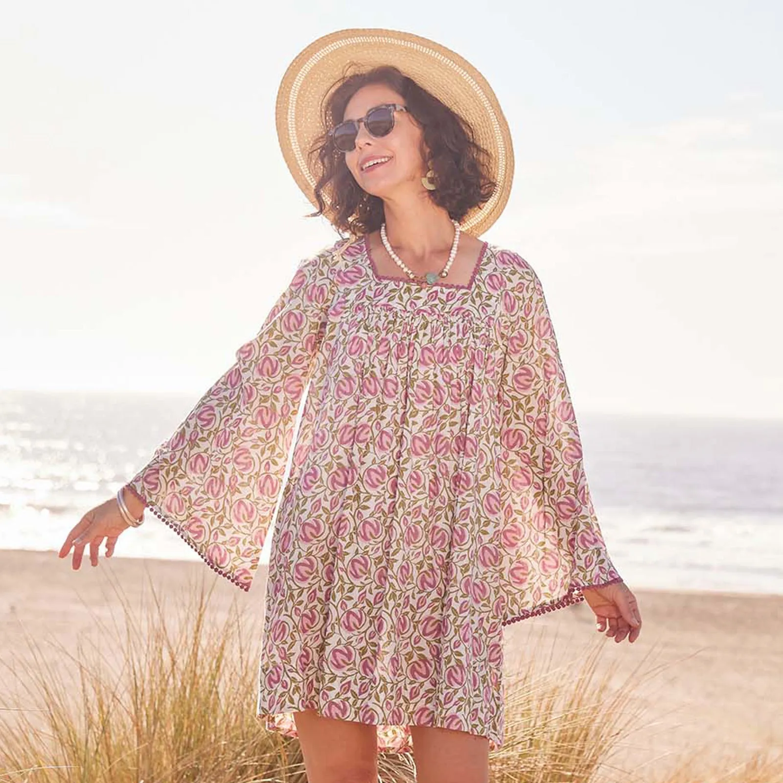 Scarlet Pink Cotton Beach Dress with Bell Sleeve sold by rockflowerpaper product image thumbnail 2