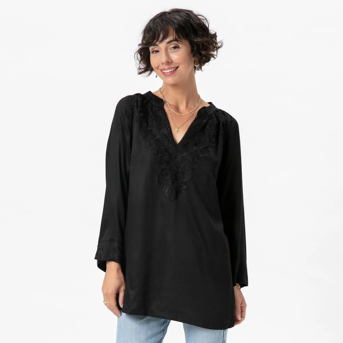Black Embroidered Satin Tunic sold by rockflowerpaper product image thumbnail 3