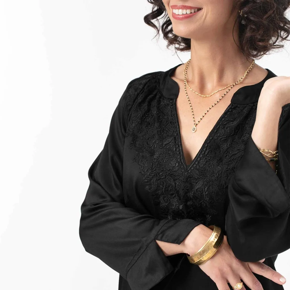 Black Embroidered Satin Tunic sold by rockflowerpaper product image thumbnail 4