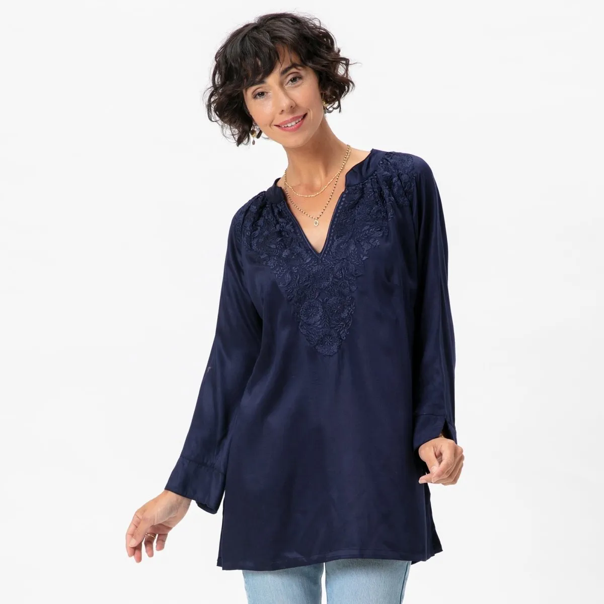 Navy Embroidered Satin Tunic sold by rockflowerpaper