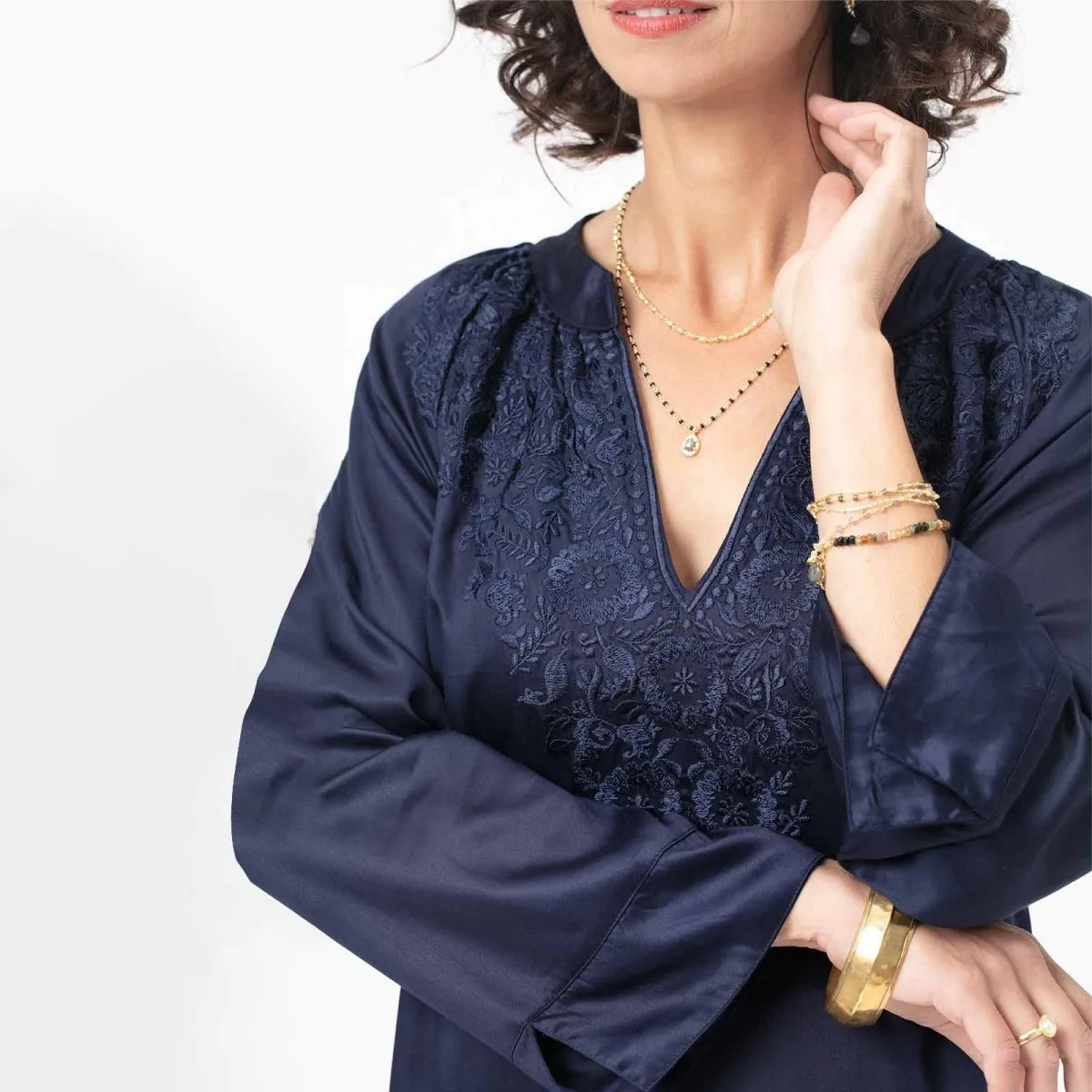 Navy Embroidered Satin Tunic sold by rockflowerpaper product image thumbnail 2