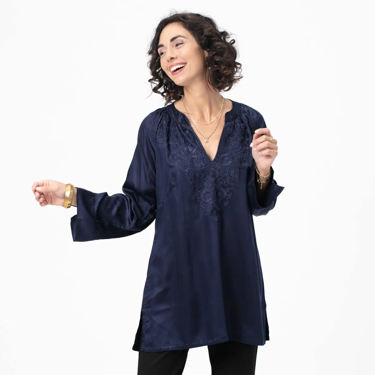Navy Embroidered Satin Tunic sold by rockflowerpaper product image thumbnail 3