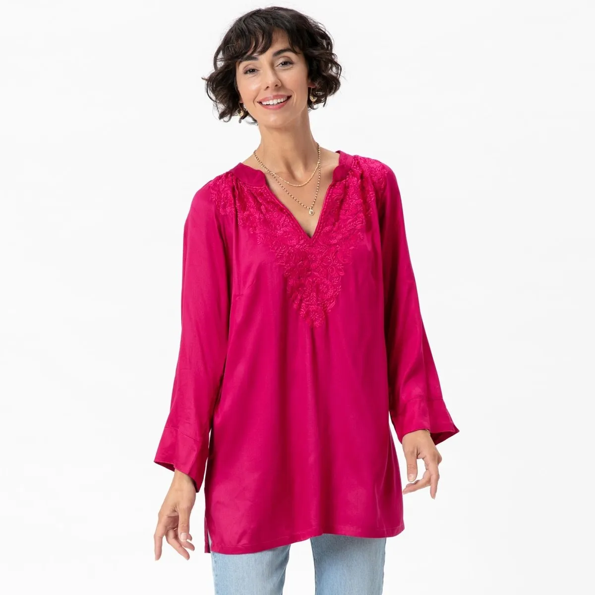 Magenta Embroidered Satin Tunic sold by rockflowerpaper
