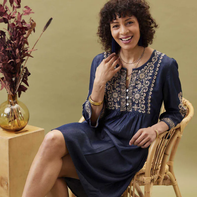 Denim Tencel Dress with Tan Embroidery sold by rockflowerpaper