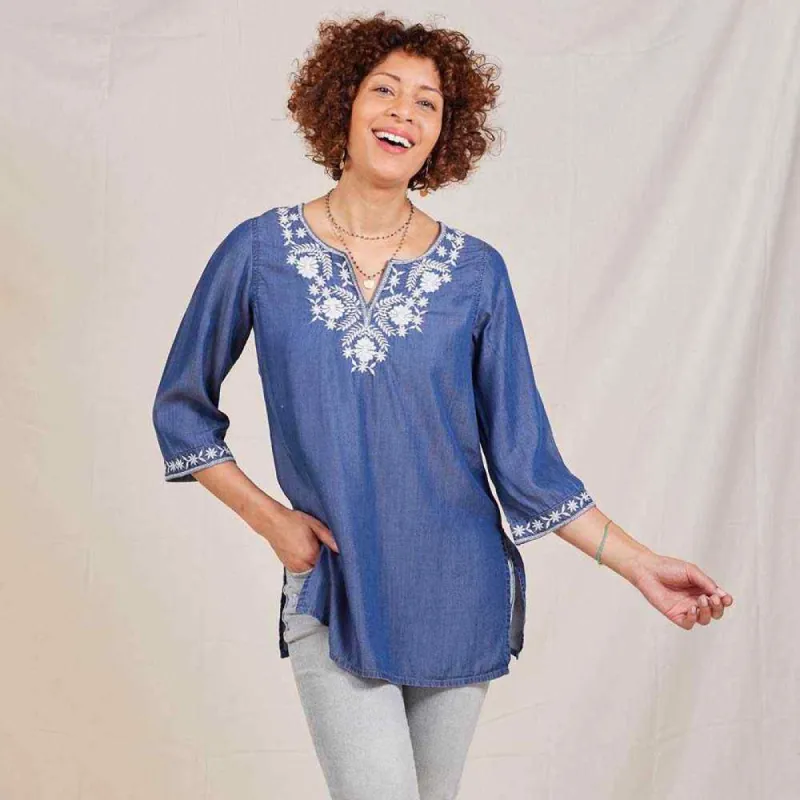 Chambray Top with Floral Embroidered Neckline sold by rockflowerpaper