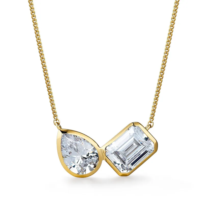 Toi et Moi Bezel Pear and Emerald Cut Necklace sold by Tru Diamonds