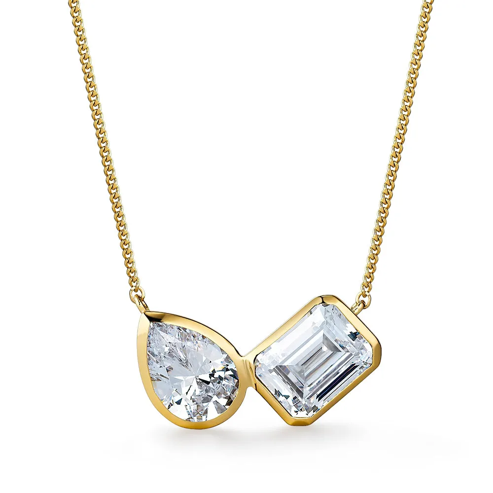 Toi et Moi Bezel Pear and Emerald Cut Necklace sold by Tru Diamonds