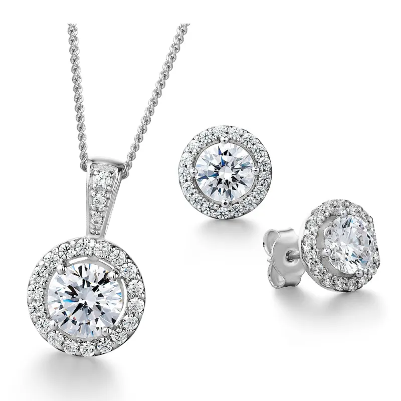Halo Pendant and Earring set sold by Tru Diamonds
