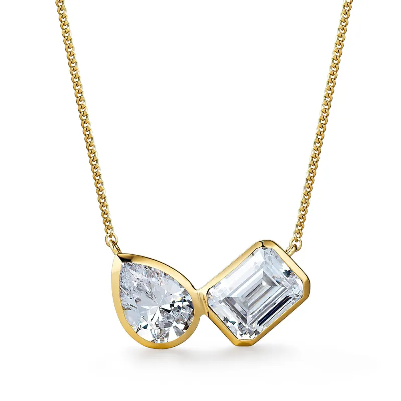 Toi et Moi Bezel Pear and Emerald Cut Necklace sold by Tru Diamonds