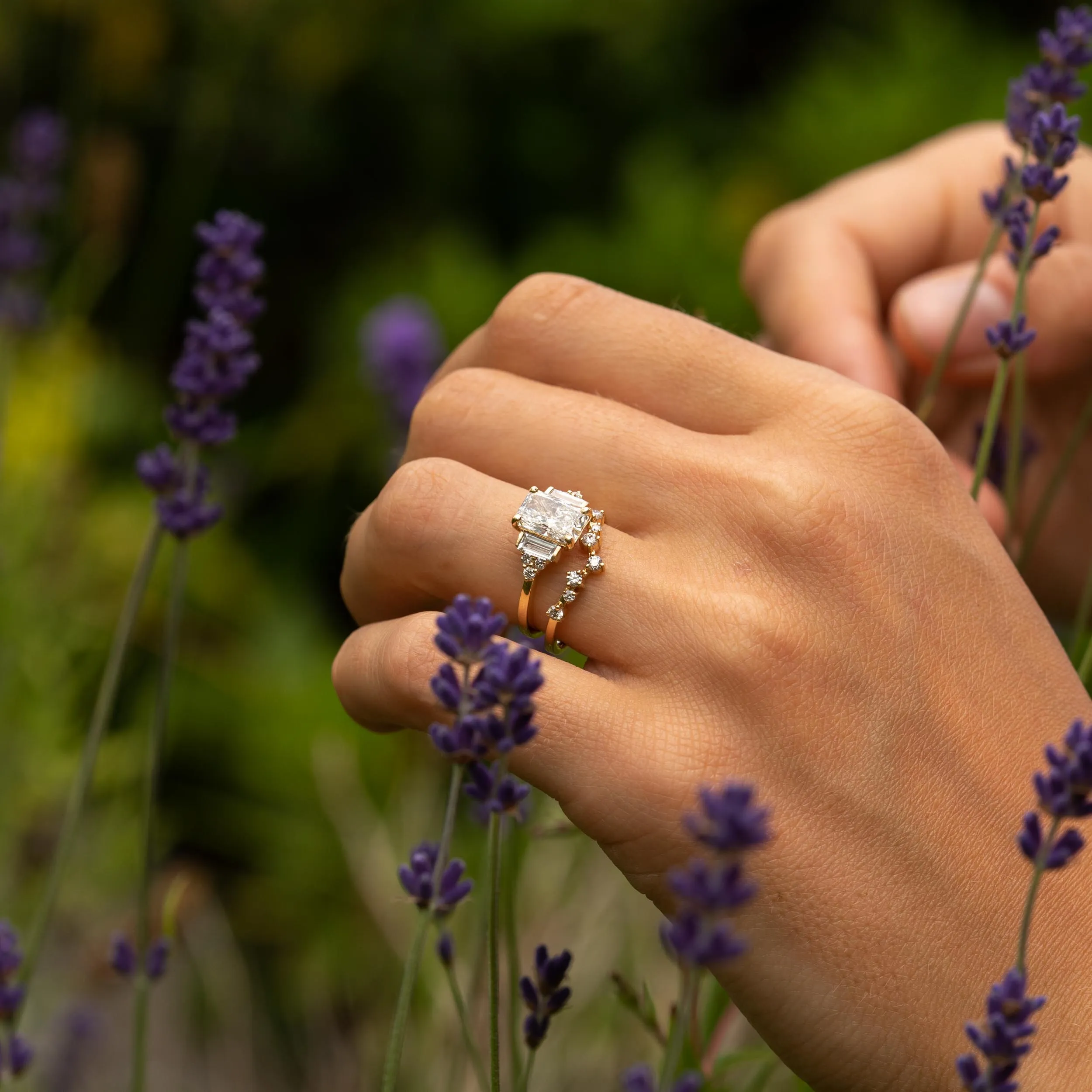 The Amber Ring | Emerald Cut Moissanite & Diamond Art Deco Accented Engagement sold by Ethica Diamonds product image thumbnail 3