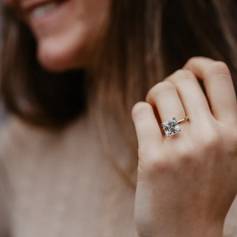 The Elissa Ring | Asscher Lab Diamond Dainty Engagement Solitaire sold by Ethica Diamonds