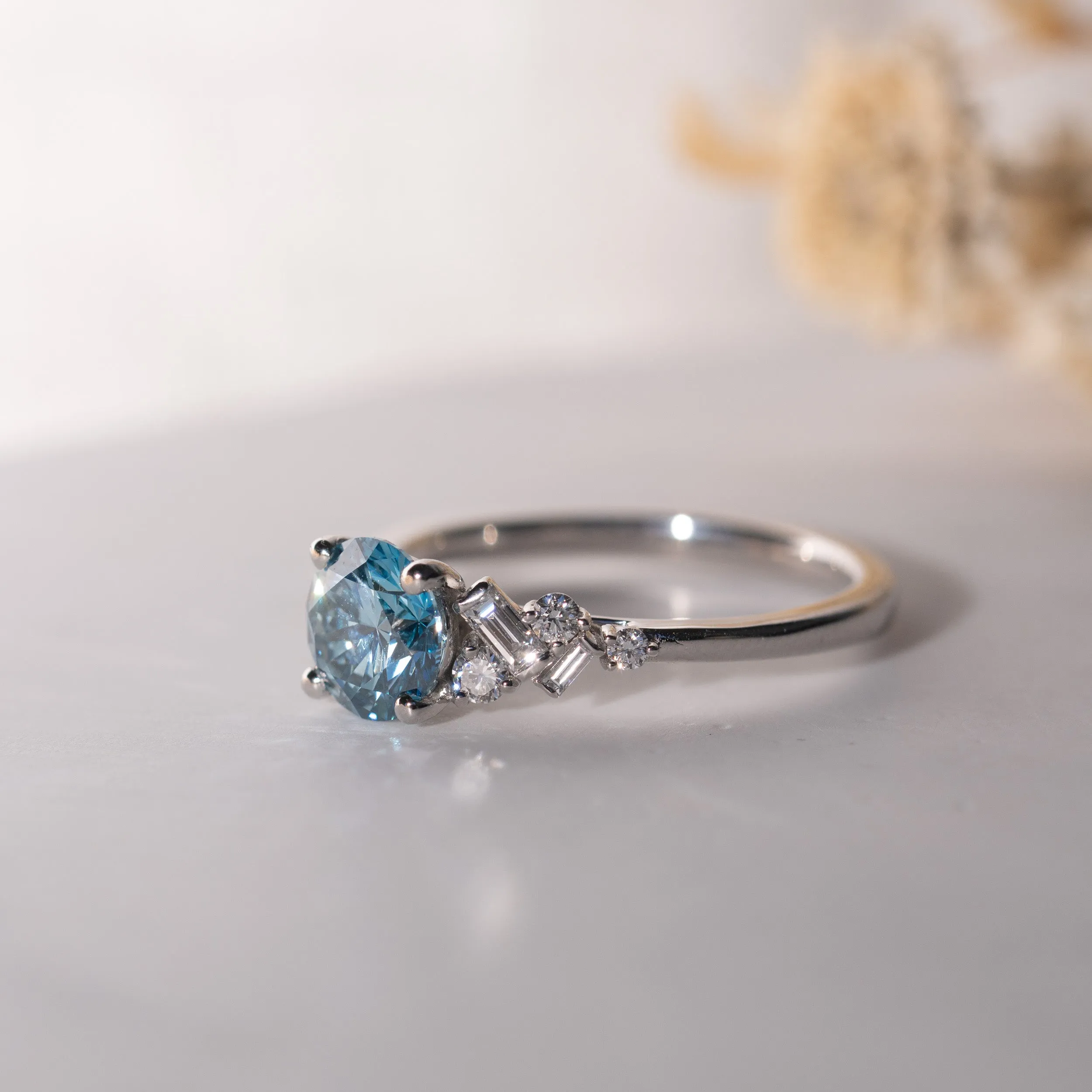 The Natalia Ring | Round Lab Diamond Accented Art Deco Engagement sold by Ethica Diamonds