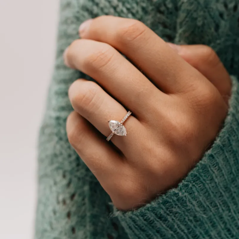 The Nouveau Ring  | Moissanite & Diamond Marquise Cut Shoulder Set Engagement Solitaire sold by Ethica Diamonds
