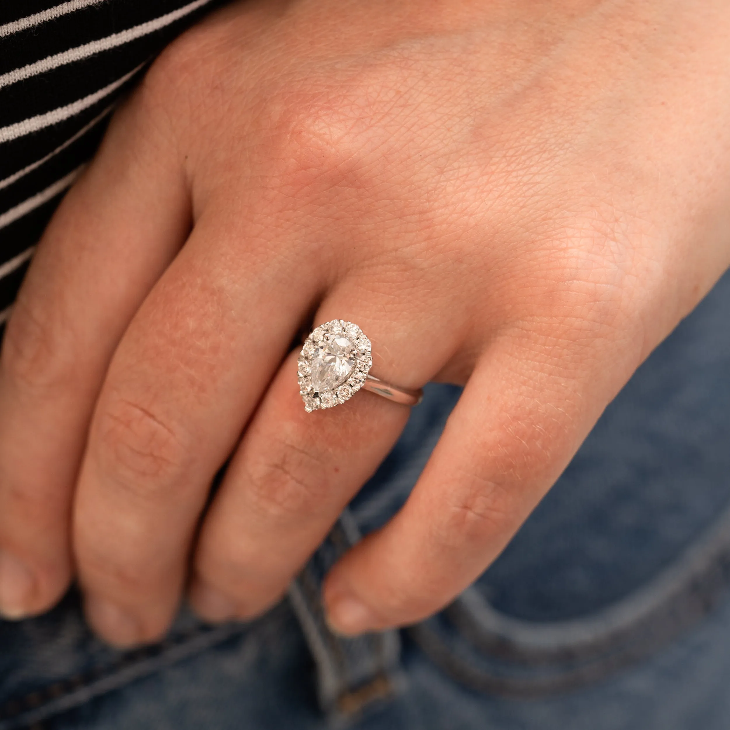 The Hala Ring | Moissanite & Diamond Pear Cut Engagement Halo sold by Ethica Diamonds