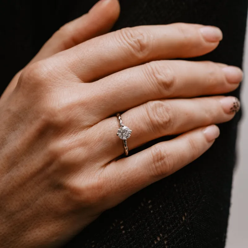 The Ophelia Ring | Round Cut Moissanite Rope Engagement Solitaire sold by Ethica Diamonds