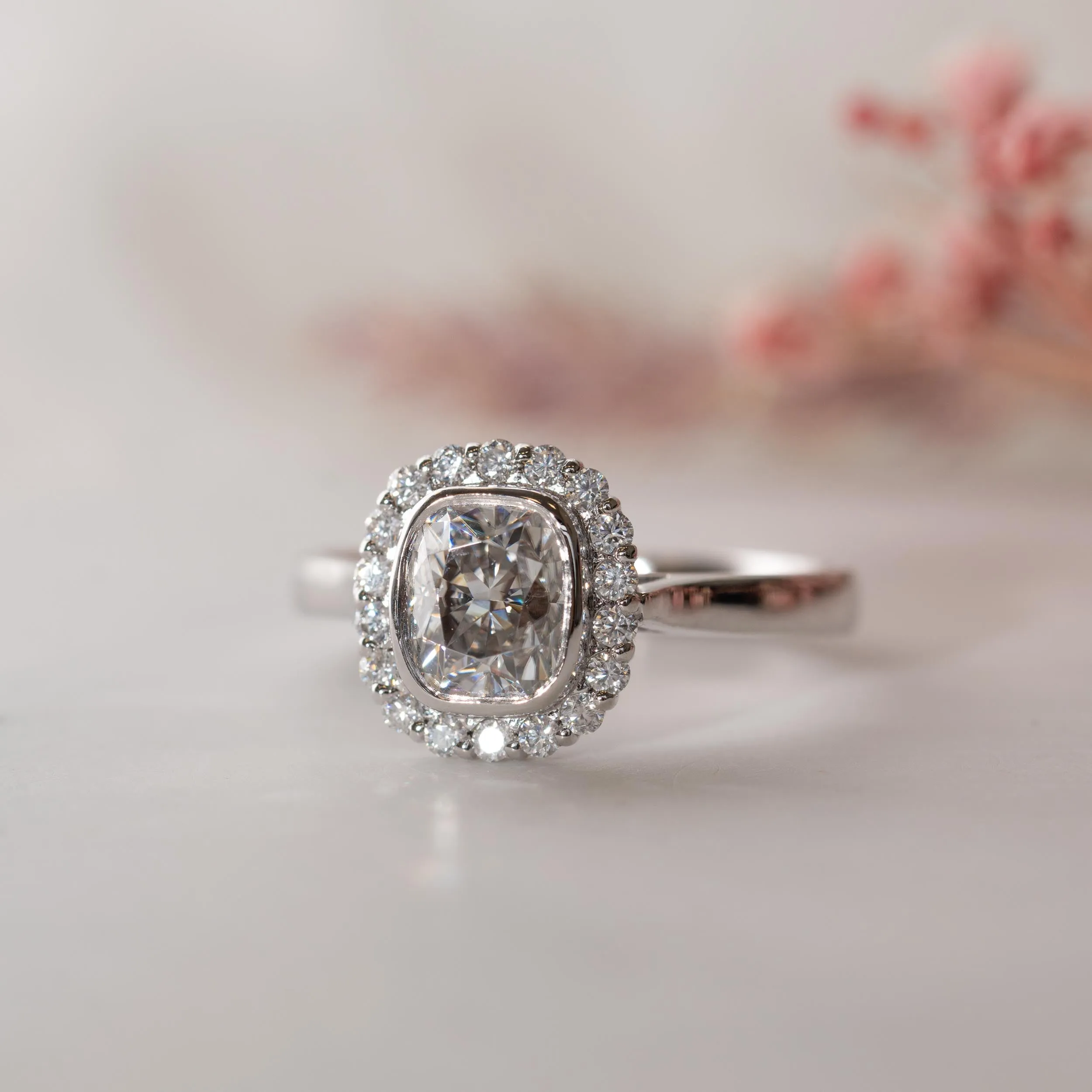 The Lovina Ring | Lab Diamond Cushion Cut Engagement Halo sold by Ethica Diamonds