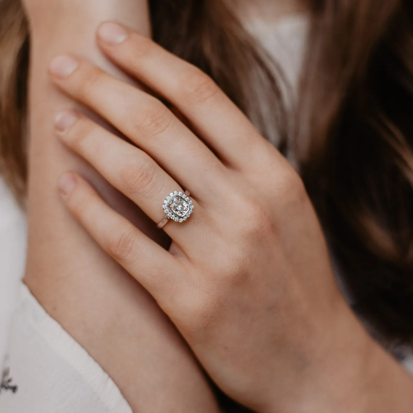 The Lovina Ring | Lab Diamond Cushion Cut Engagement Halo sold by Ethica Diamonds product image thumbnail 3