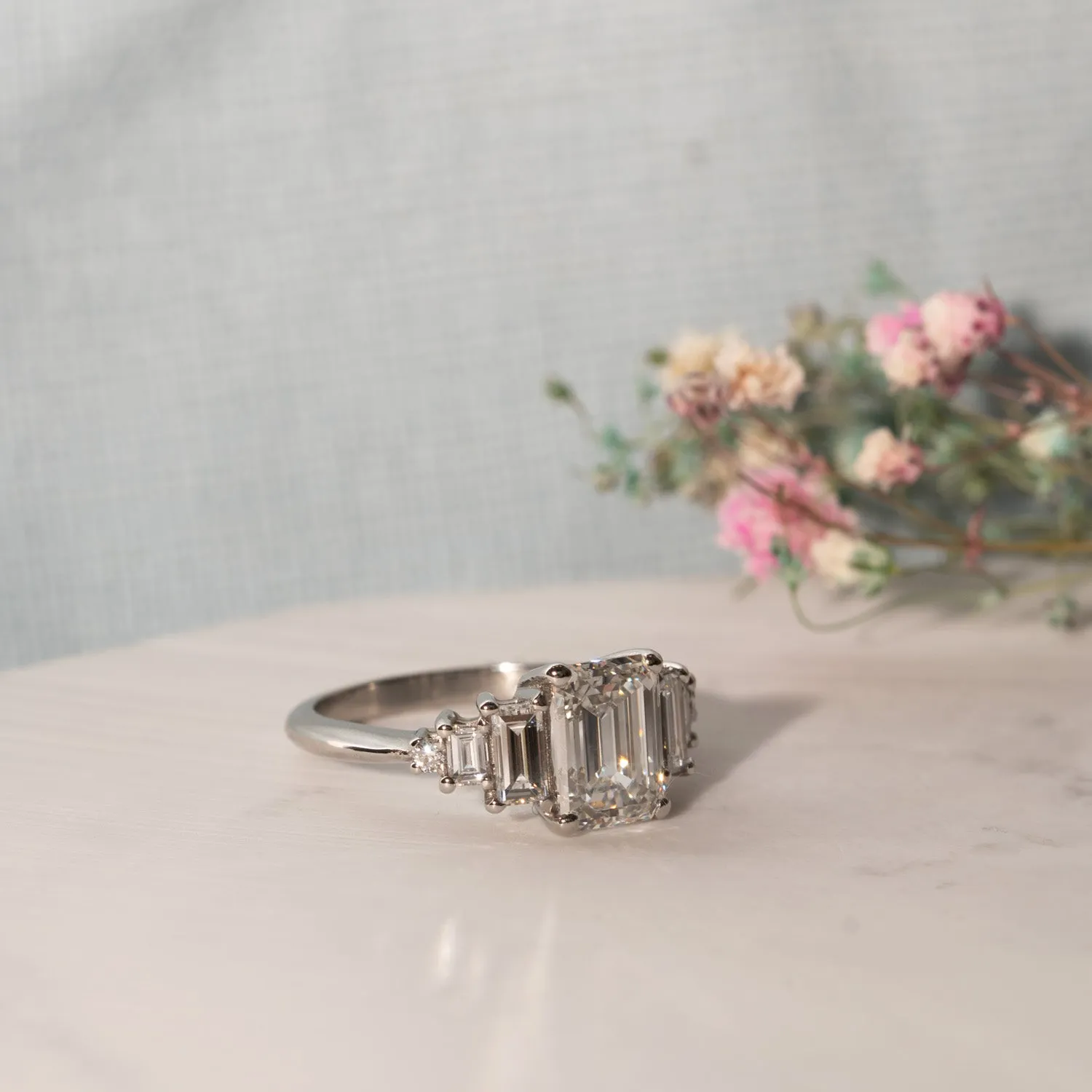 The Adriana Ring | 2.71ct VVS Emerald & Baguette Lab Diamond Art Deco 950 Platinum sold by Ethica Diamonds product image thumbnail 2