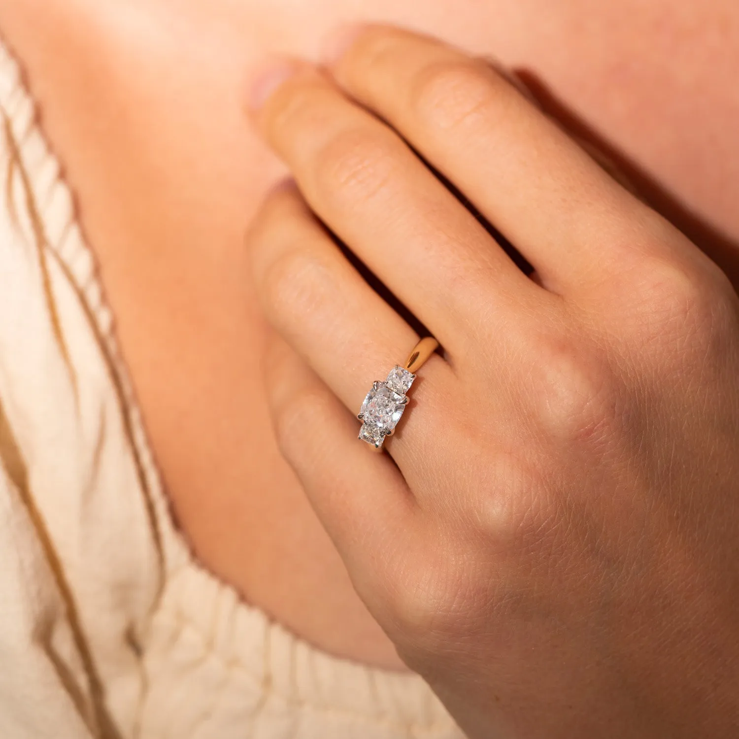 The Lara | Lab Diamond Cushion Cut Trilogy Hidden Halo Engagement Ring sold by Ethica Diamonds product image thumbnail 2