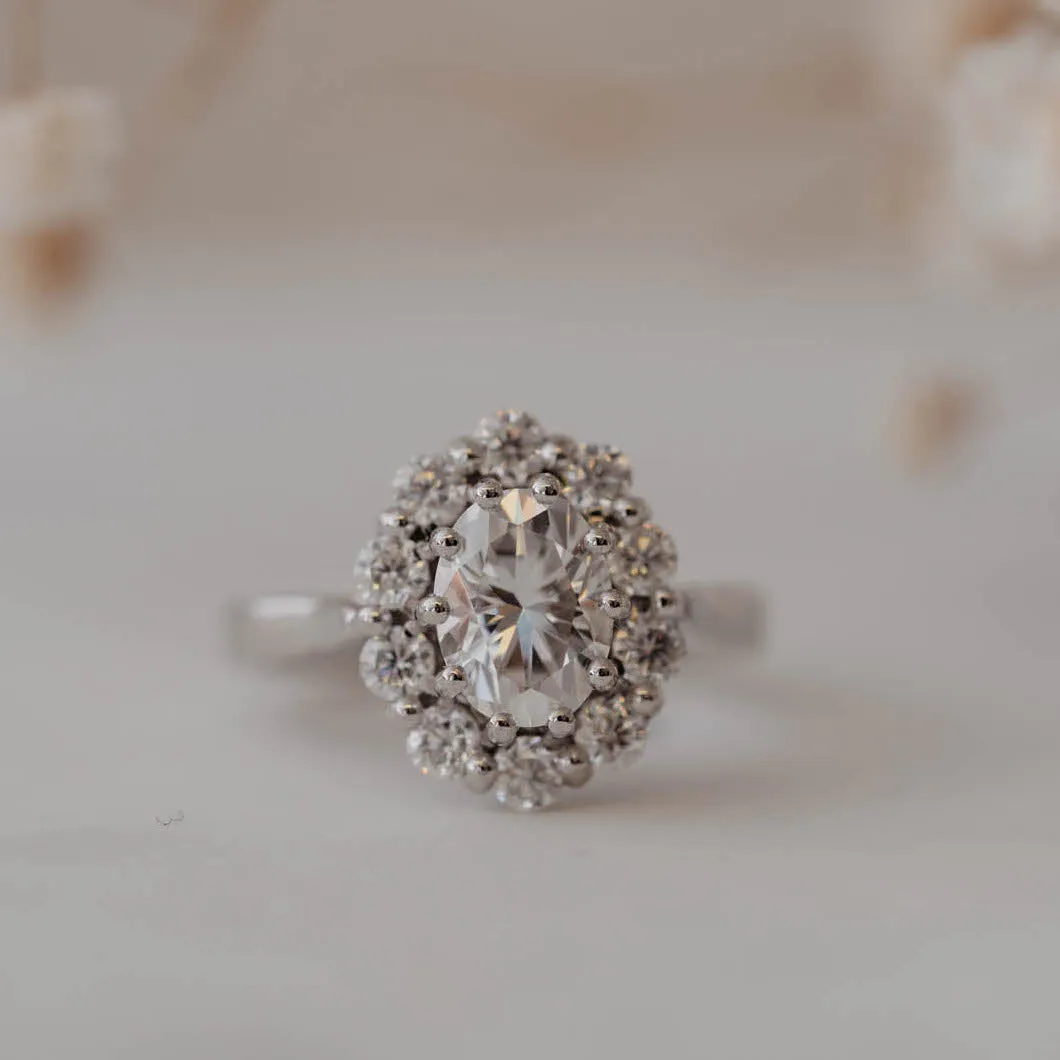 The Fleur Ring | Oval Lab Diamond Vintage Engagement Halo sold by Ethica Diamonds