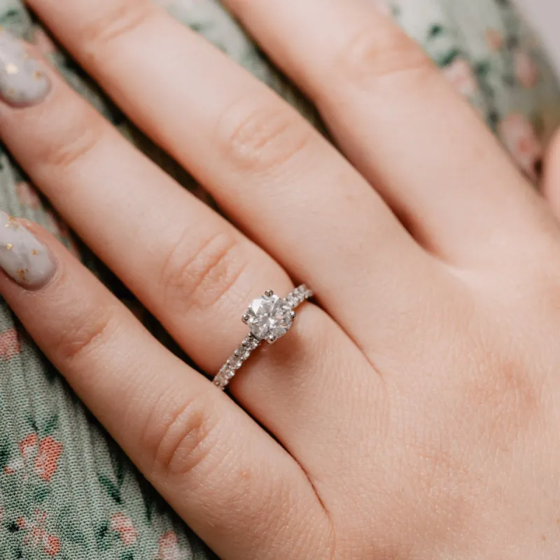 The Estella Ring | Moissanite & Diamond Round Shoulder Set Engagement sold by Ethica Diamonds