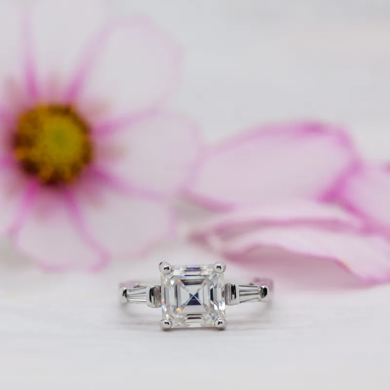 The Zhen Ring | Moissanite Asscher & Baguette Cut Engagement Trilogy sold by Ethica Diamonds