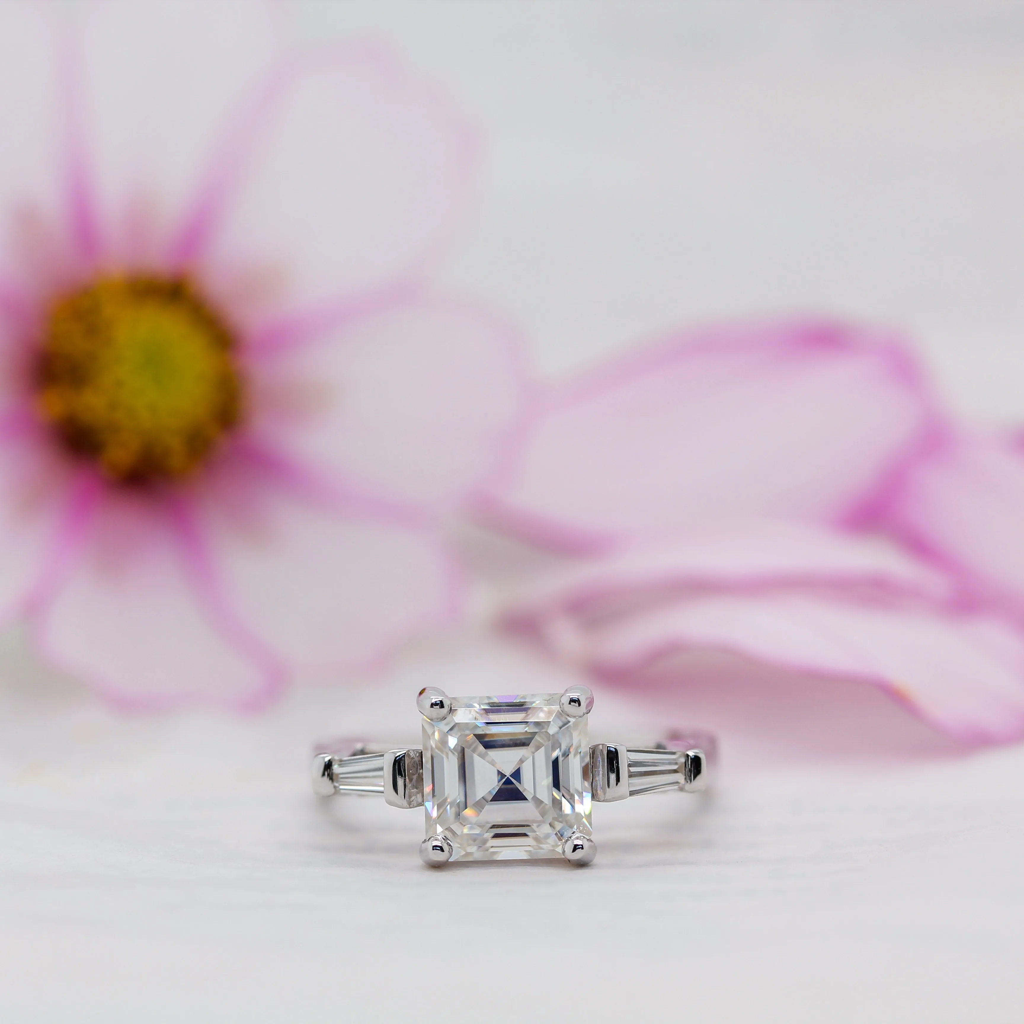 The Zhen Ring | Moissanite Asscher & Baguette Cut Engagement Trilogy sold by Ethica Diamonds