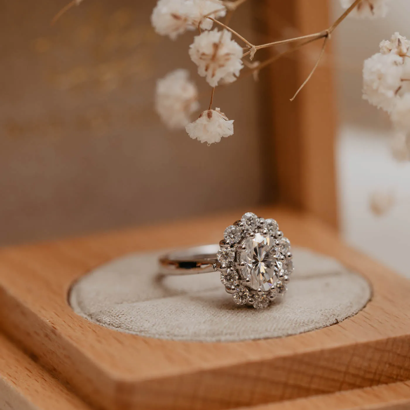 The Fleur Ring | Moissanite Vintage Style Oval Engagement Halo sold by Ethica Diamonds