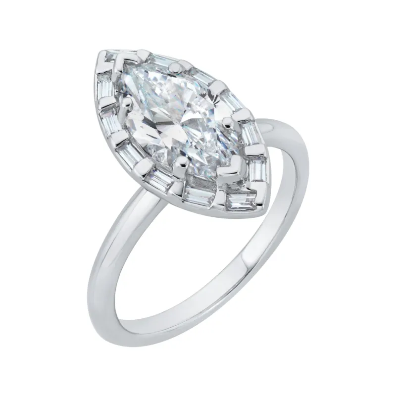 The Iris Ring | Lab Diamond Marquise & Baguette Halo Engagement sold by Ethica Diamonds