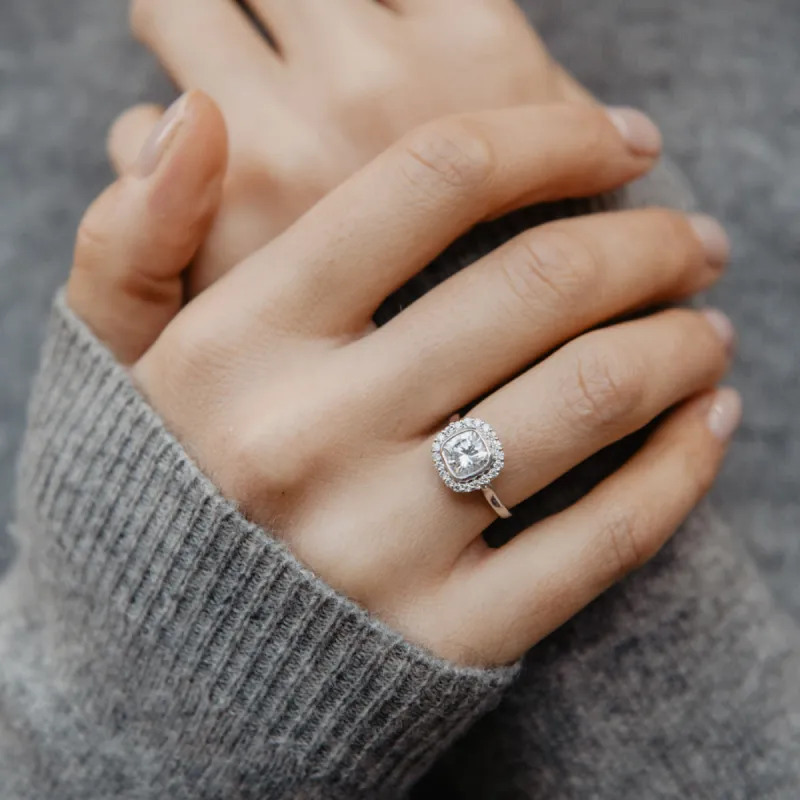 The Lovina Ring | Moissanite & Diamond Cushion Cut Engagement Halo sold by Ethica Diamonds