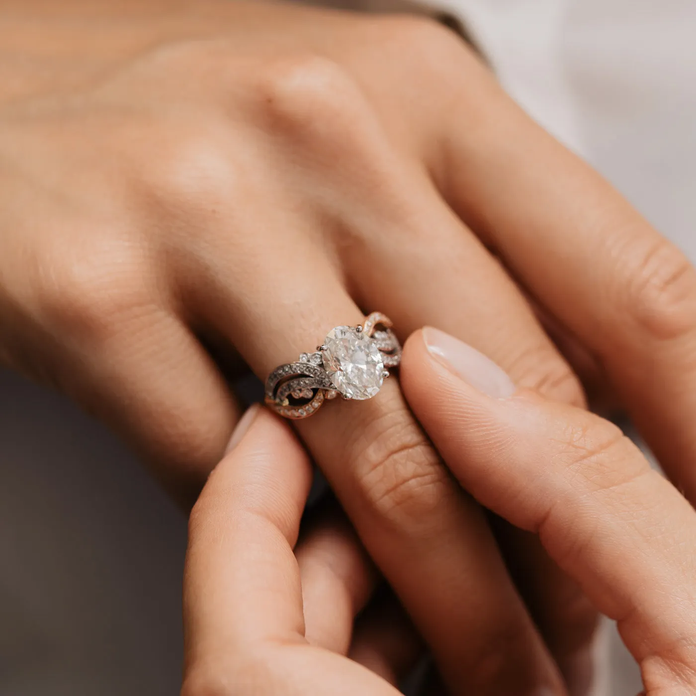 The Prina Ring | Moissanite & Diamond Oval Shoulder Set Statement sold by Ethica Diamonds