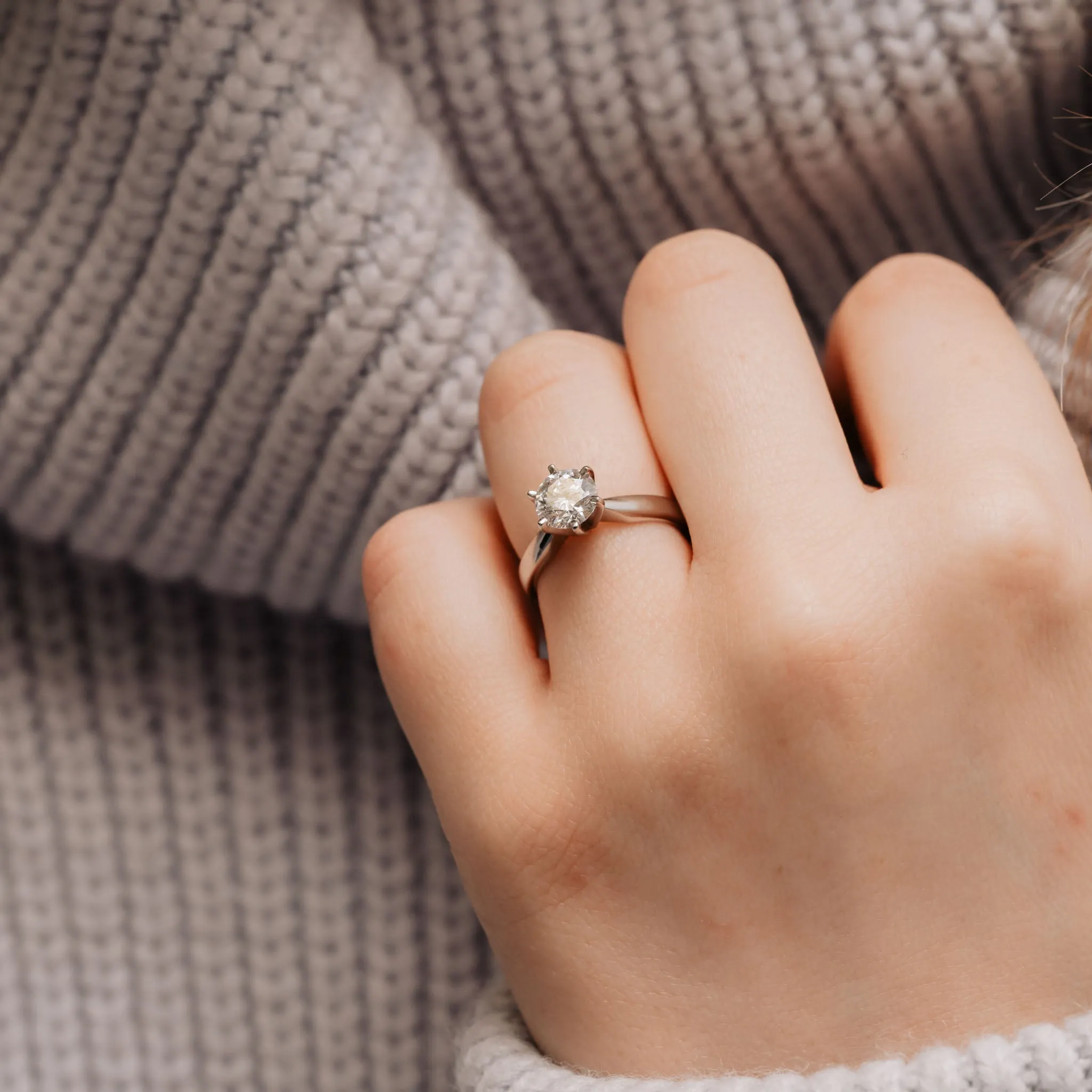 The Athena Ring | Round Moissanite Six Claw Engagement Solitaire sold by Ethica Diamonds