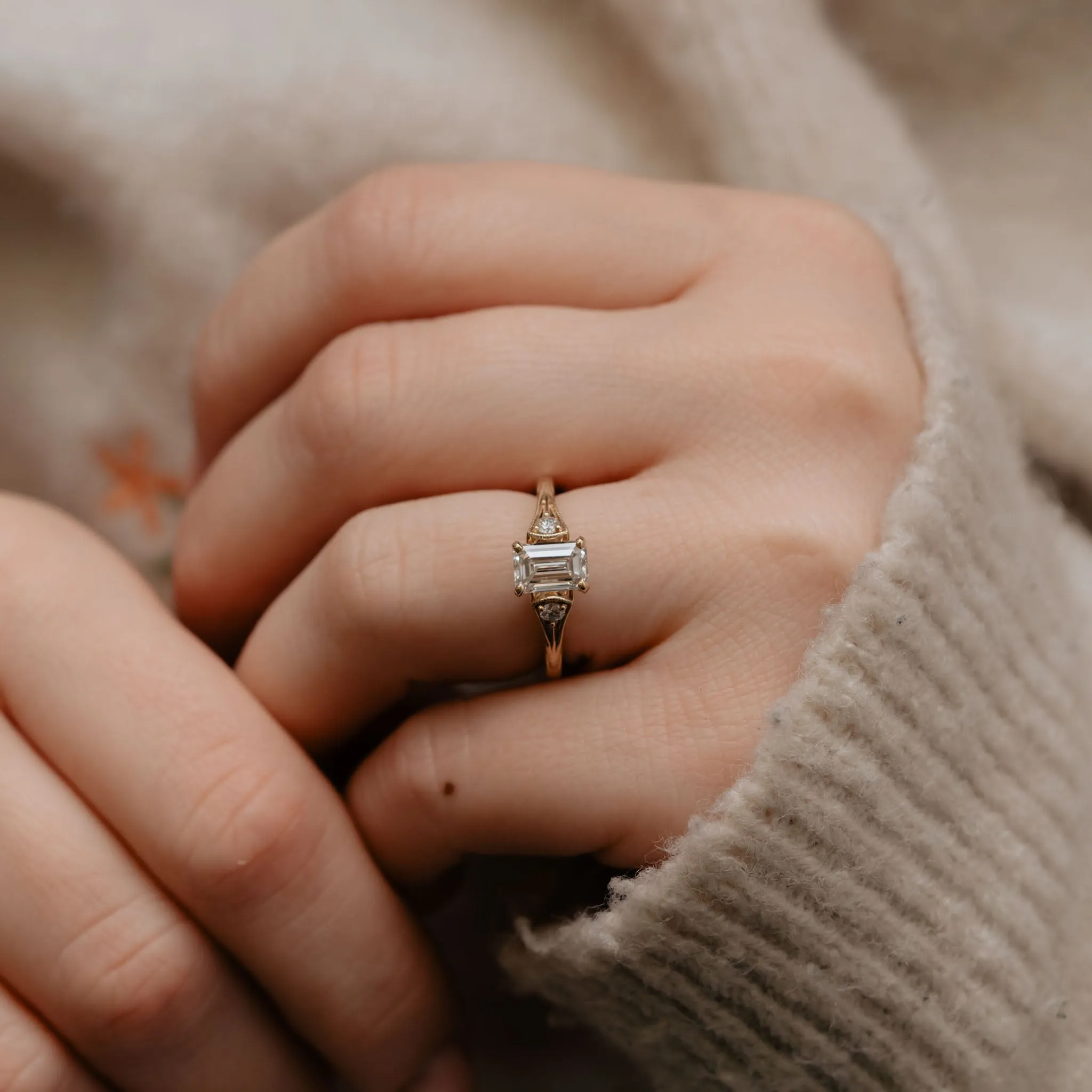 The Ares Ring | Emerald Cut Moissanite & Diamond Accented Art Deco Engagement sold by Ethica Diamonds product image thumbnail 5